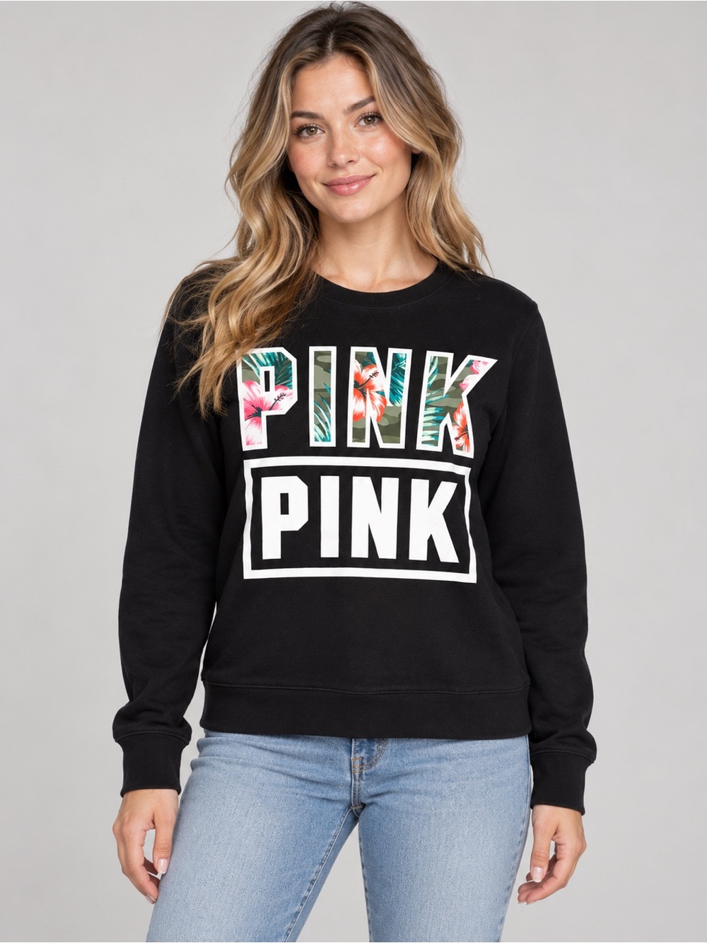 Victoria’s Secret PINK Black Tropical Floral Logo Crewneck Sweatshirt XS